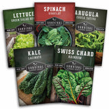 Five packages of Survival Garden Seeds with different leafy green vegetables on a white background.