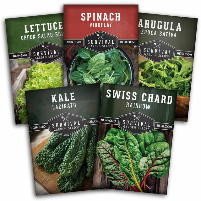 Five packages of Survival Garden Seeds with different leafy green vegetables on a white background.