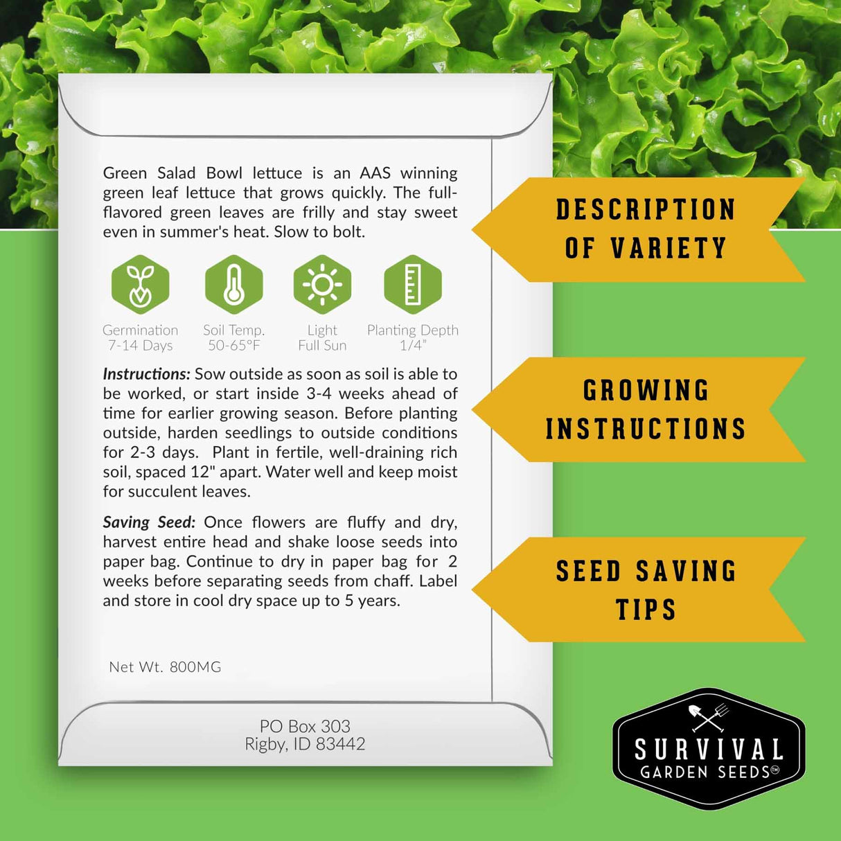 Survival Garden Seeds lettuce seed packet with growing instructions and seed saving tips on a green leafy background.