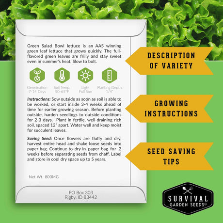 Survival Garden Seeds lettuce seed packet with growing instructions and seed saving tips on a green leafy background.