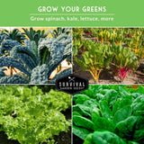 Collage of green leafy vegetables with 'Survival Garden Seeds' logo.