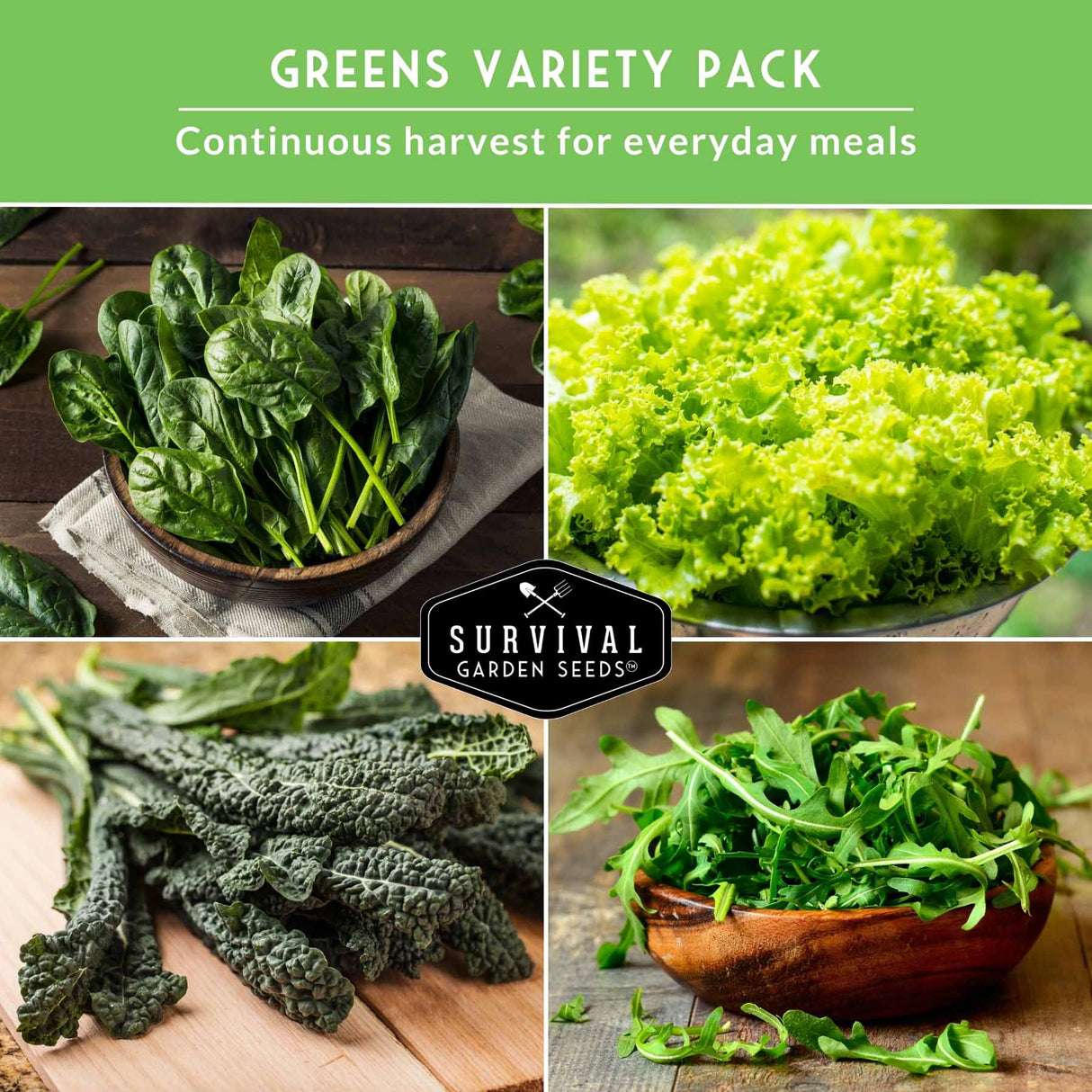 Collage of various green leafy vegetables with 'Survival Garden Seeds' logo.
