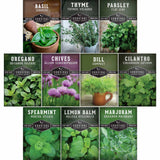 Collection of herb seed packets with images and names on a white background
