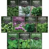 Collection of herb seed packets with images and names on a white background