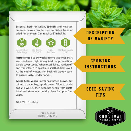 Seed packet with growing instructions and seed saving tips on a green background