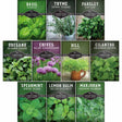 A collage of 10 herb seed packet covers arranged in a grid. The packets show different herb varieties including Basil, Thyme, Parsley, Oregano, Chives, Dill, Cilantro, Spearmint, Lemon Balm, and Marjoram, each with a green, purple, or white header and a photo of the fresh herb leaves.
