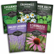 Five packets of Survival Garden Seeds with various herbs and flowers on a white background