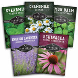 Five packets of Survival Garden Seeds with various herbs and flowers on a white background
