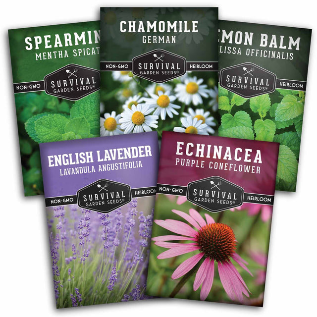 Five packets of Survival Garden Seeds with various herbs and flowers on a white background
