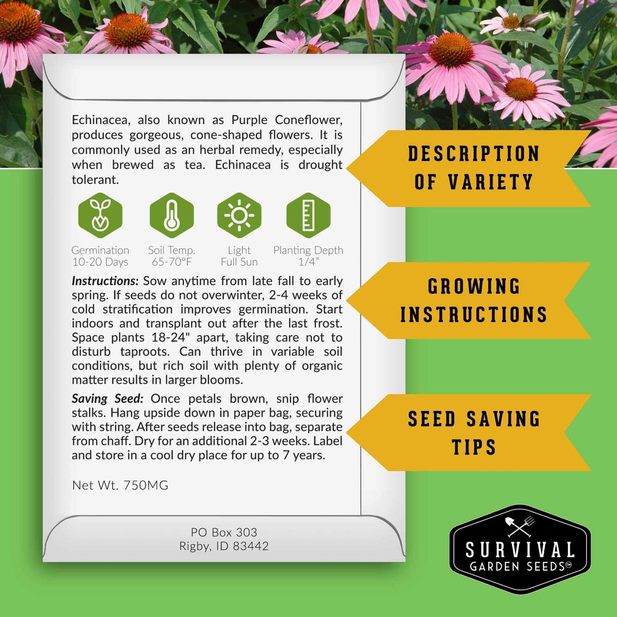 Survival Garden Seeds packaging with Echinacea information on a green background