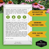 Survival Garden Seeds packaging with Echinacea information on a green background