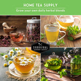 Promotional graphic for home tea supply with images of tea-making and 'Survival Garden Seeds' branding.