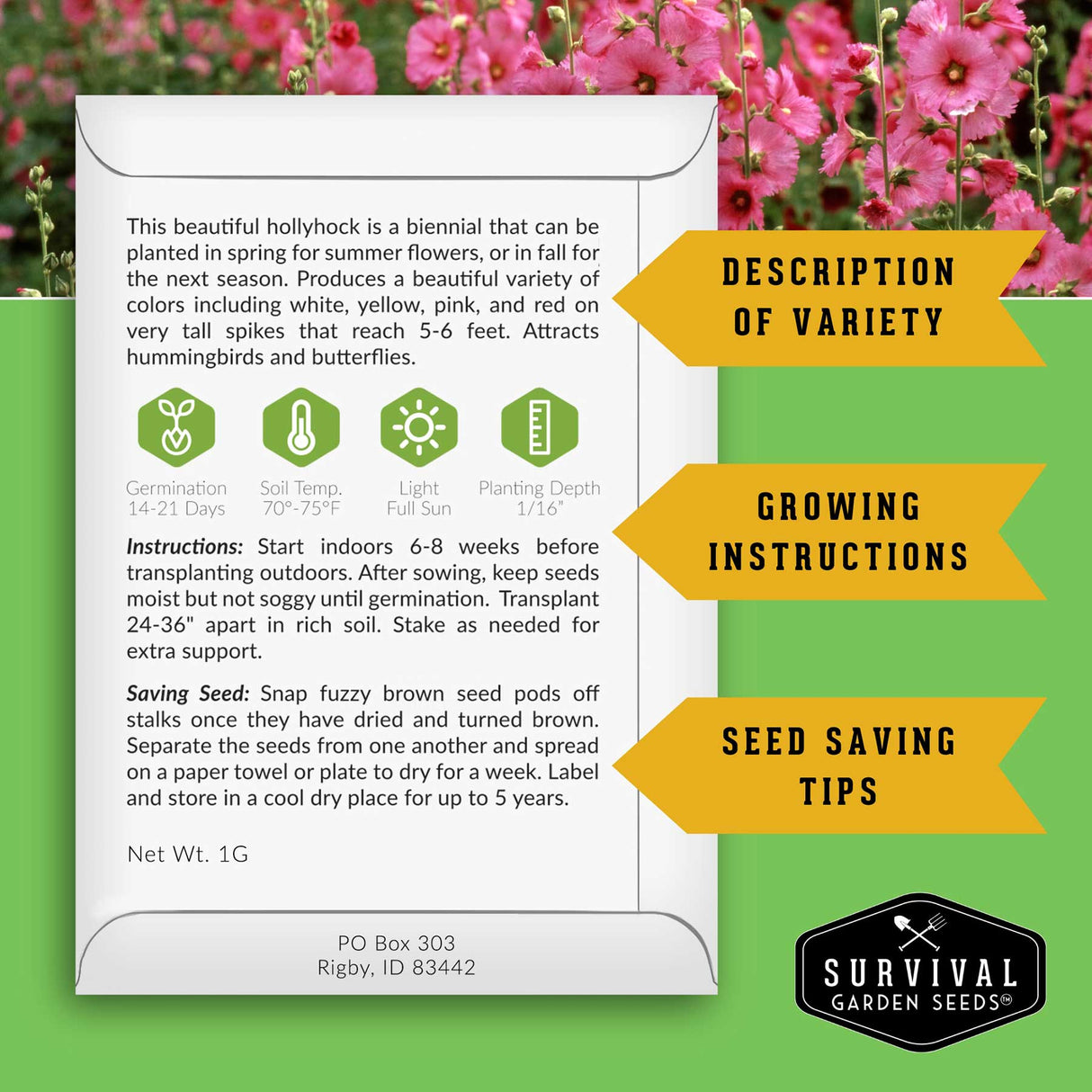 Survival Garden Seeds packaging with hollyhock seed packet and plant information on a green background.