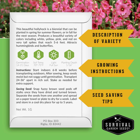 Survival Garden Seeds packaging with hollyhock seed packet and plant information on a green background.