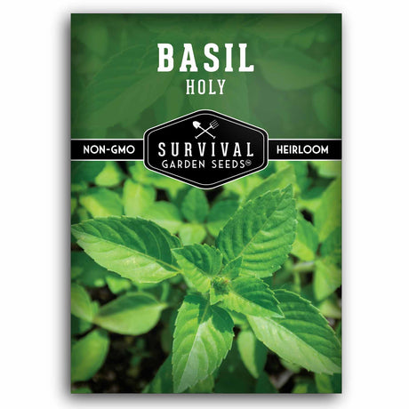 Basil seed packet with green leaves and 'Survival Garden Seeds' branding