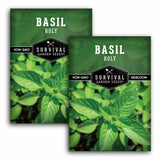 Two basil seed packets with 'Survival Garden Seeds' branding on a white background.