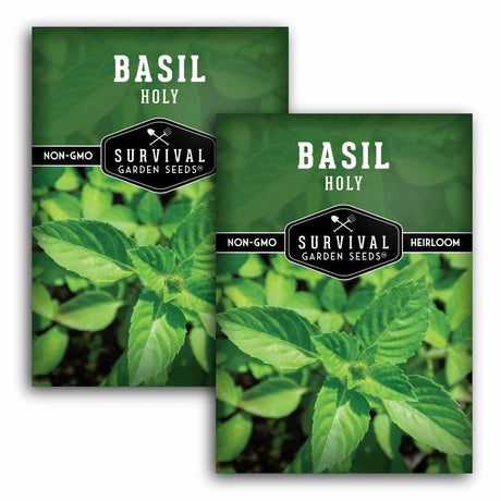 Two basil seed packets with 'Survival Garden Seeds' branding on a white background.