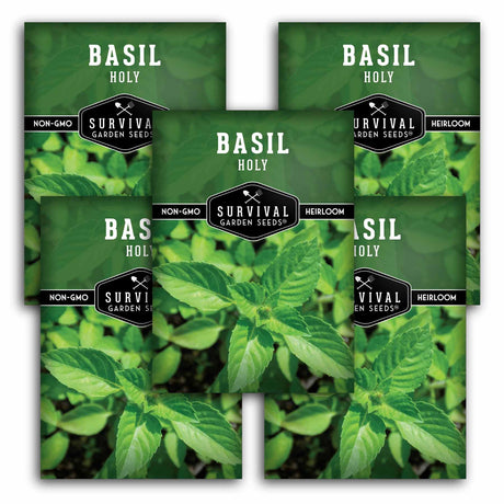 Five packages of Survival Garden Seed basil holy seeds with green leaves in the background.