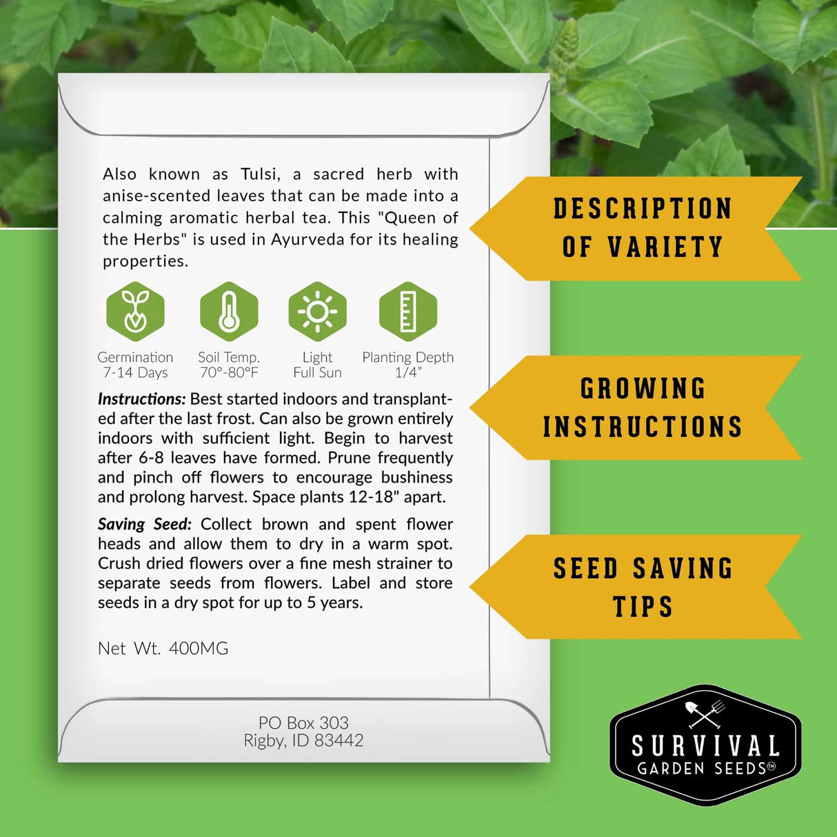 Survival Garden Seeds packaging with product details on a green background