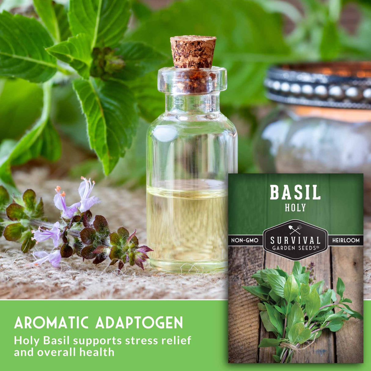 Bottle of basil oil with basil leaves and a seed packet on a wooden surface.