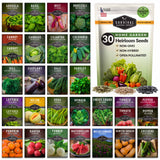 Collection of vegetable seed packets with a prominent 'Survival Garden Seeds' package.