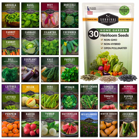 Collection of vegetable seed packets with a prominent 'Survival Garden Seeds' package.