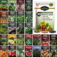 A seed packet for 'Survival Garden Seeds 30 Heirloom Seeds' shown next to a grid of 30 individual vegetable seed packet thumbnails, displaying a wide variety of garden plants like tomatoes, cucumbers, broccoli, and peppers.