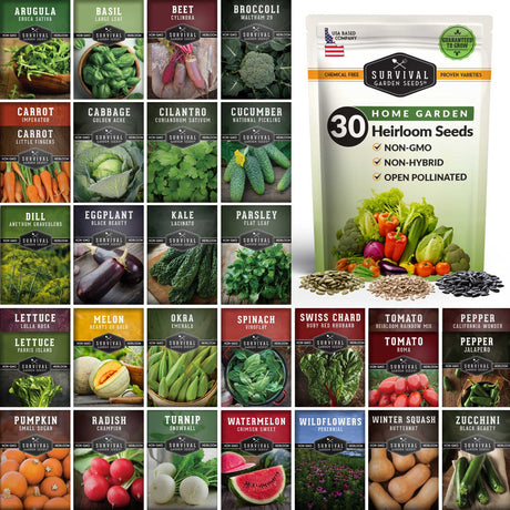A seed packet for 'Survival Garden Seeds 30 Heirloom Seeds' shown next to a grid of 30 individual vegetable seed packet thumbnails, displaying a wide variety of garden plants like tomatoes, cucumbers, broccoli, and peppers.