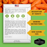 Survival Garden Seeds packaging for Little Fingers carrot seeds with text and branding.
