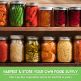 Jars of canned vegetables on a wooden shelf with text about preserving food.