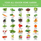Chart of 30 heirloom vegetables, herbs, and fruits for an all-season home garden.