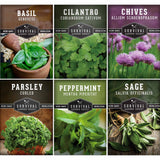 Collection of Survival Garden Seeds packages with various herbs and their images.