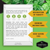 Survival Garden Seeds Genovese basil seed packet with growing instructions and tips on a green background.