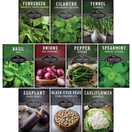 Collection of seed packets for various vegetables and herbs with images and names.