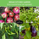 Collage of Indian kitchen garden vegetables with 'Survival Garden Seeds' logo.