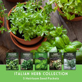 Five herb seed packets for Oregano, Parsley, Basil, Sage, and Thyme are displayed against a background of fresh green herbs in terracotta pots on a wooden surface, with a green banner at the bottom reading 'ITALIAN HERB COLLECTION 5 Heirloom Seed Packets'.