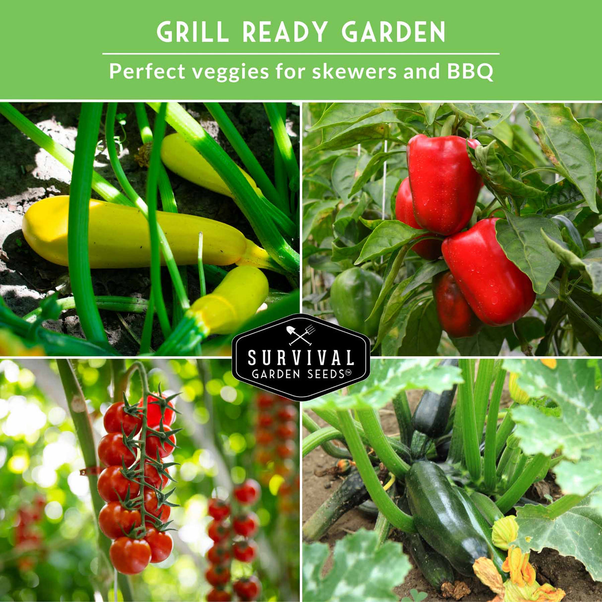 Collage of vegetables with text 'Grill Ready Garden' and 'Survival Garden Seeds' logo.