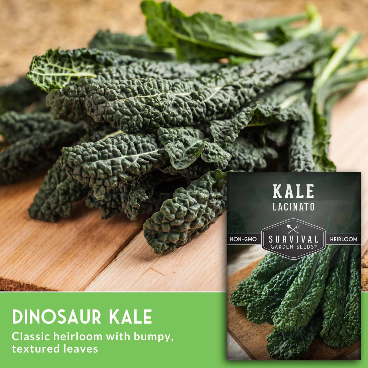 Dinosaur kale on a wooden surface with a seed packet labeled 'Kale Lacinato' from Survival Garden Seeds.