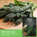 Dinosaur kale on a wooden surface with a seed packet labeled 'Kale Lacinato' from Survival Garden Seeds.