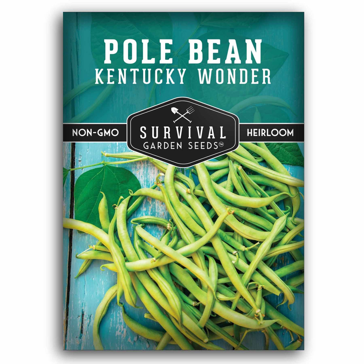 Survival Garden Seeds Pole Bean Kentucky Wonder package with green beans and brand logo.