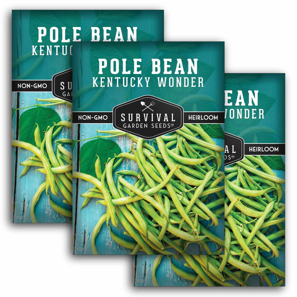 Three packages of Survival Garden Seeds Kentucky Wonder Pole Bean seeds on a white background