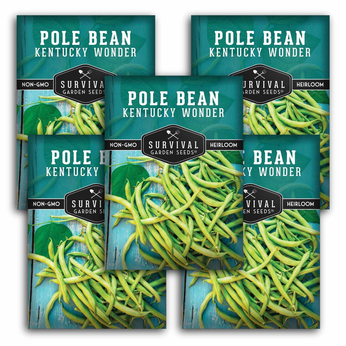 Five packages of Survival Garden Seeds Pole Bean Kentucky Wonder on a white background