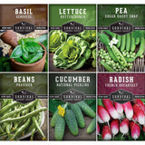 Collection of Survival Garden Seeds packages with images of basil, lettuce, peas, beans, cucumbers, and radishes.