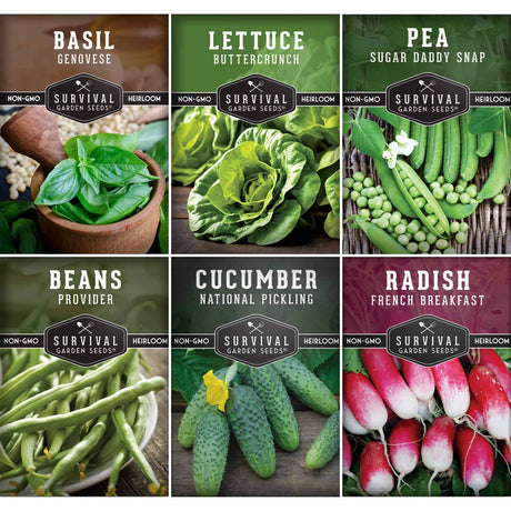 Collection of Survival Garden Seeds packages with images of basil, lettuce, peas, beans, cucumbers, and radishes.