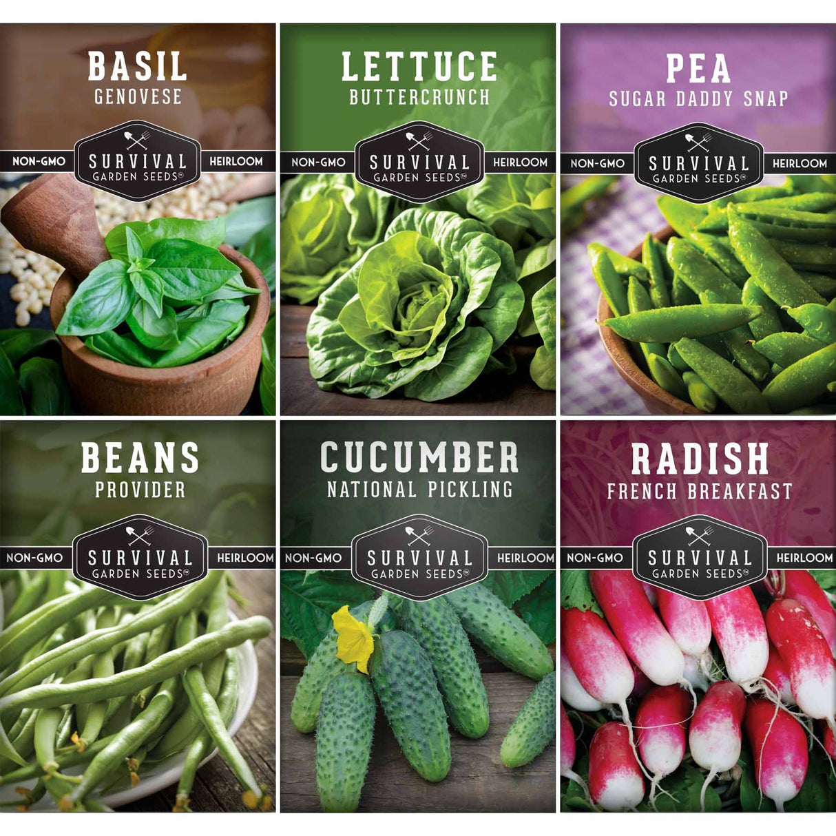 Collection of Survival Garden Seeds packaging for various vegetables with images of basil, lettuce, peas, beans, cucumbers, and radishes.