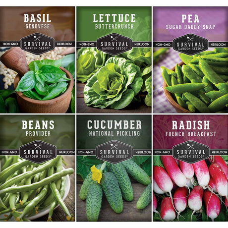 Collection of Survival Garden Seeds packaging for various vegetables with images of basil, lettuce, peas, beans, cucumbers, and radishes.