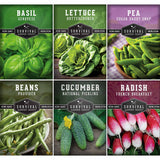 A 6-panel seed variety collage from Survival Garden Seeds showing fresh produce: basil, lettuce, peas, beans, cucumbers, and radishes, each panel with the variety name and a Survival Garden Seeds label.