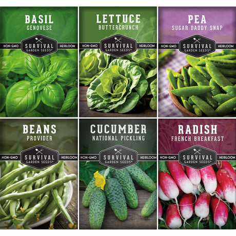 A 6-panel seed variety collage from Survival Garden Seeds showing fresh produce: basil, lettuce, peas, beans, cucumbers, and radishes, each panel with the variety name and a Survival Garden Seeds label.