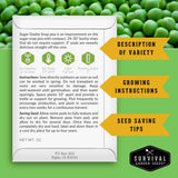 Survival Garden Seeds packaging with sugar snap pea seeds on a green background