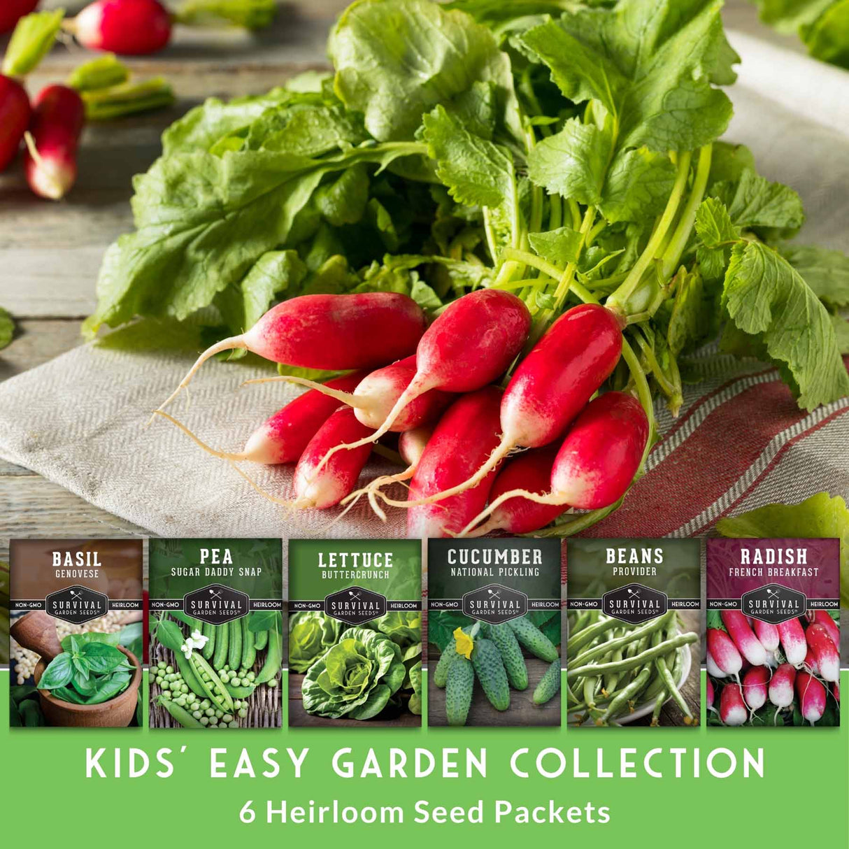 Bunch of radishes with seed packets for a 'Kids' Easy Garden Collection' on a wooden surface.